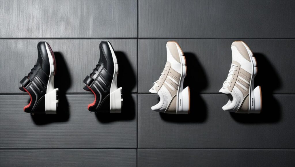A row of weightlifting shoes on a gym mat