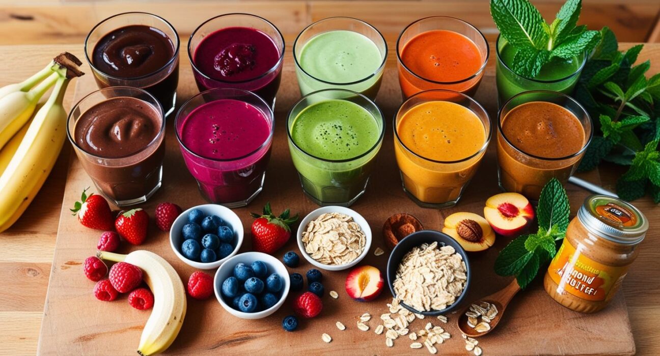 7 colorful smoothie glasses lined up chocolate berry green peach chai