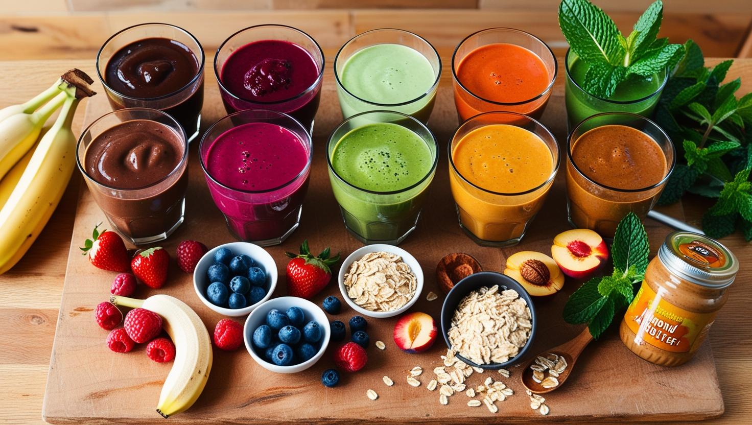 7 colorful smoothie glasses lined up  chocolate berry green peach chai