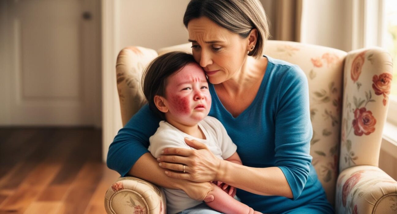 A concerned mother holding her sick child with a measles rash in a cozy living room natural lighting emotional atmosphere photorealistic style