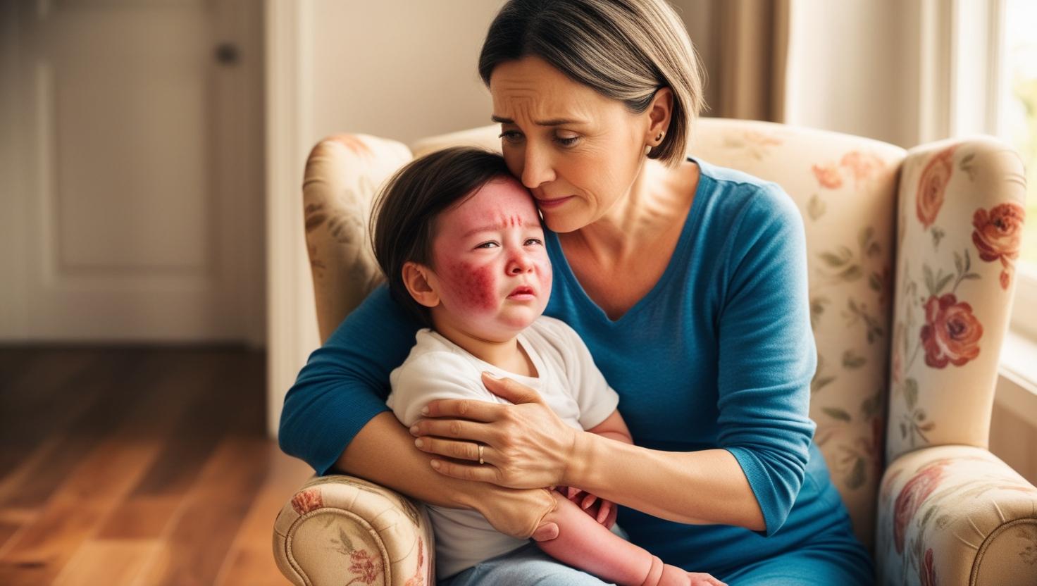 A concerned mother holding her sick child with a measles rash in a cozy living room natural lighting emotional atmosphere photorealistic style
