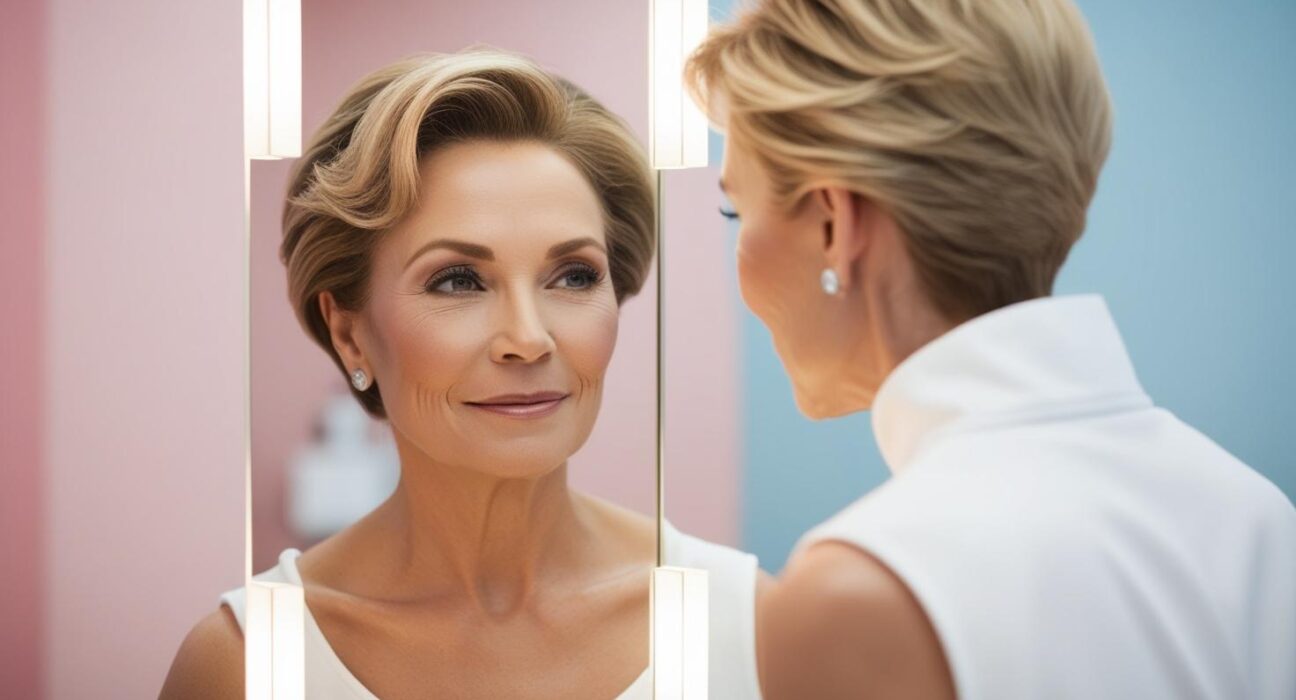 A confident middle aged woman looking in the mirror