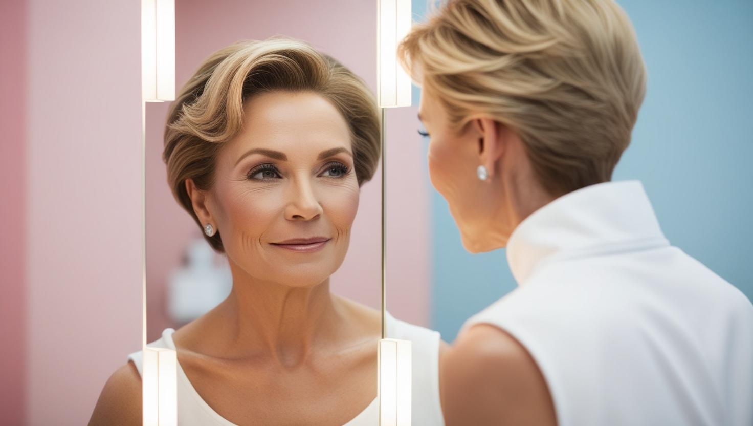 A confident middle aged woman looking in the mirror