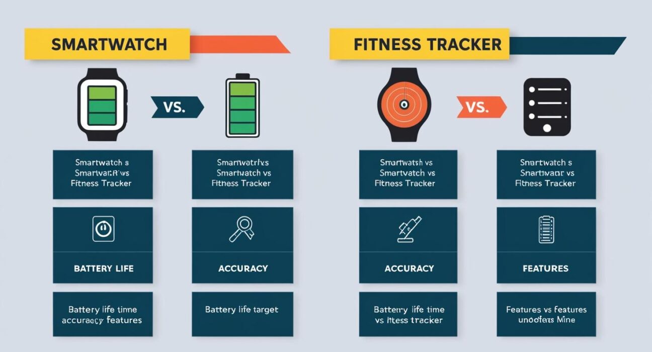 A digital infographic comparing a smartwatch and a fitness tracker highlighting key differences like battery life accuracy and features. Use bold easy to read icons and labels