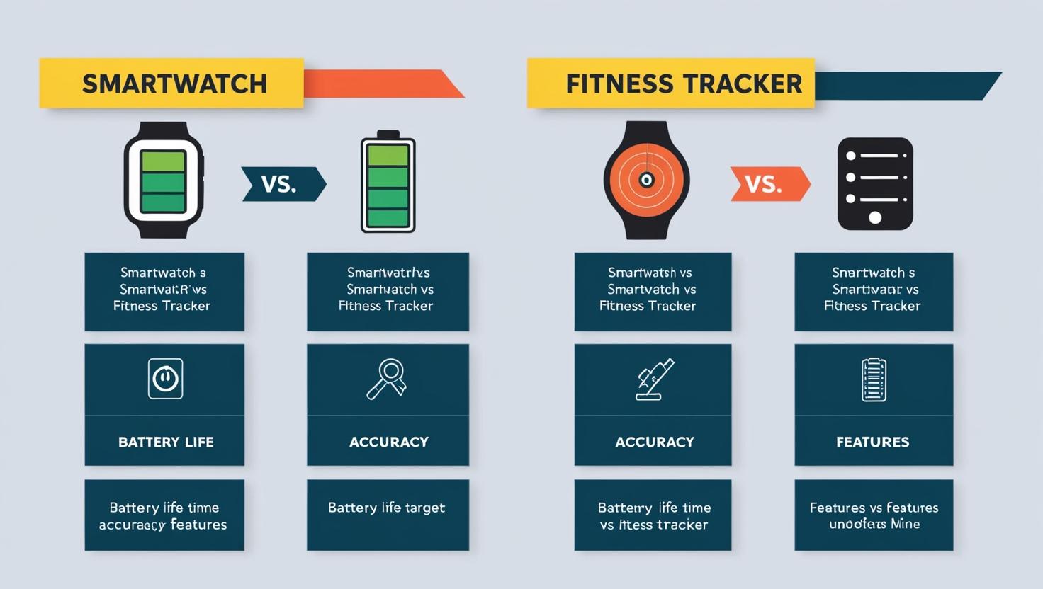 A digital infographic comparing a smartwatch and a fitness tracker highlighting key differences like battery life accuracy and features. Use bold easy to read icons and labels