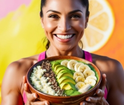 A fit and active person drinking a smoothie bowl made with bananas avocado and quinoa with an energetic bright background symbolizing vitality