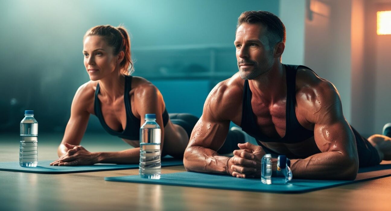 A fit man and woman doing post workout stretches