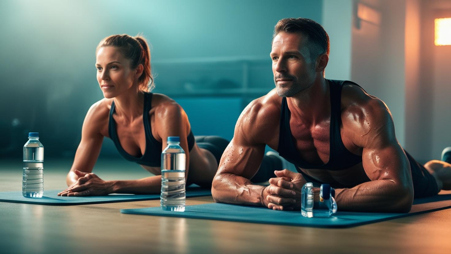 A fit man and woman doing post workout stretches