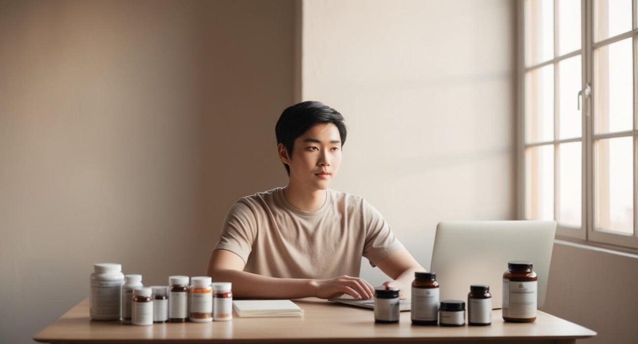 A focused young adult working at a desk