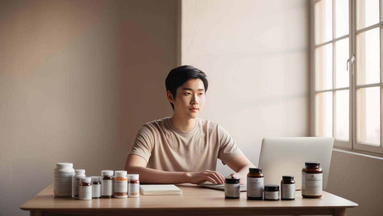 A focused young adult working at a desk