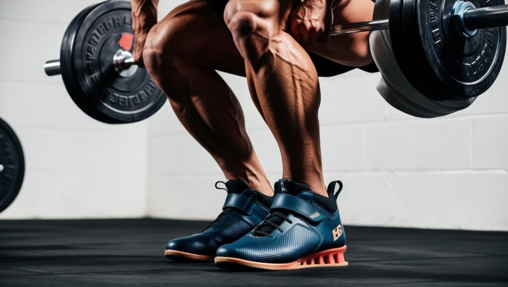 A powerful close up shot of a weightlifter crouched in a squat position
