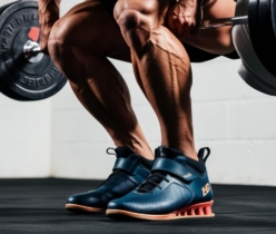 A powerful close up shot of a weightlifter crouched in a squat position