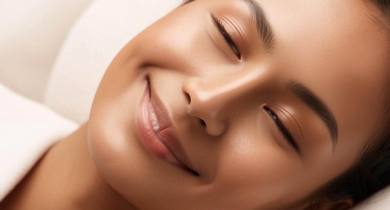 A serene glowing face with natural beauty preferably someone with radiant skin smiling or relaxed