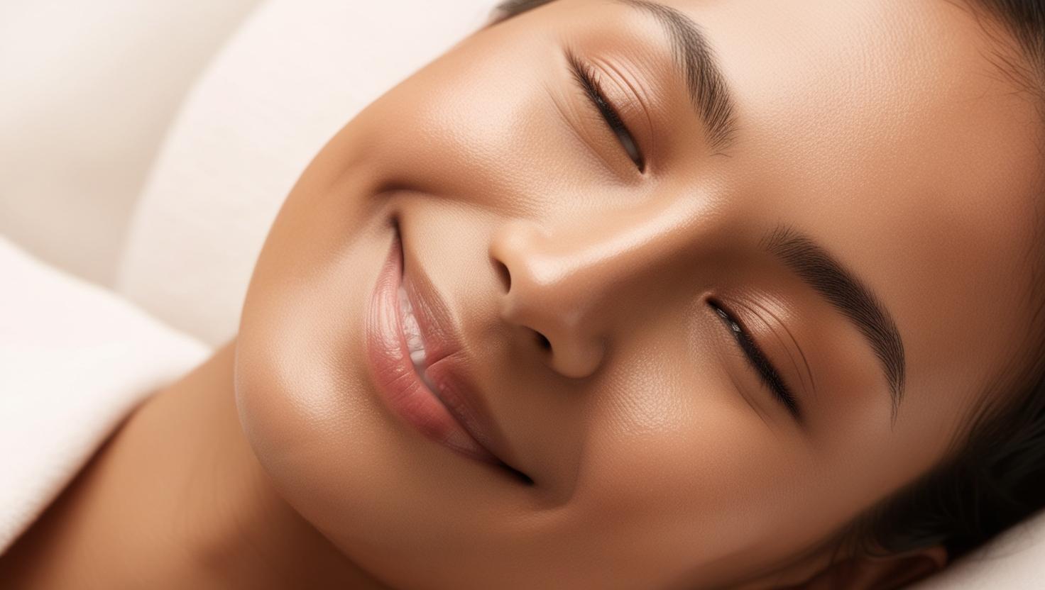 A serene glowing face with natural beauty preferably someone with radiant skin smiling or relaxed