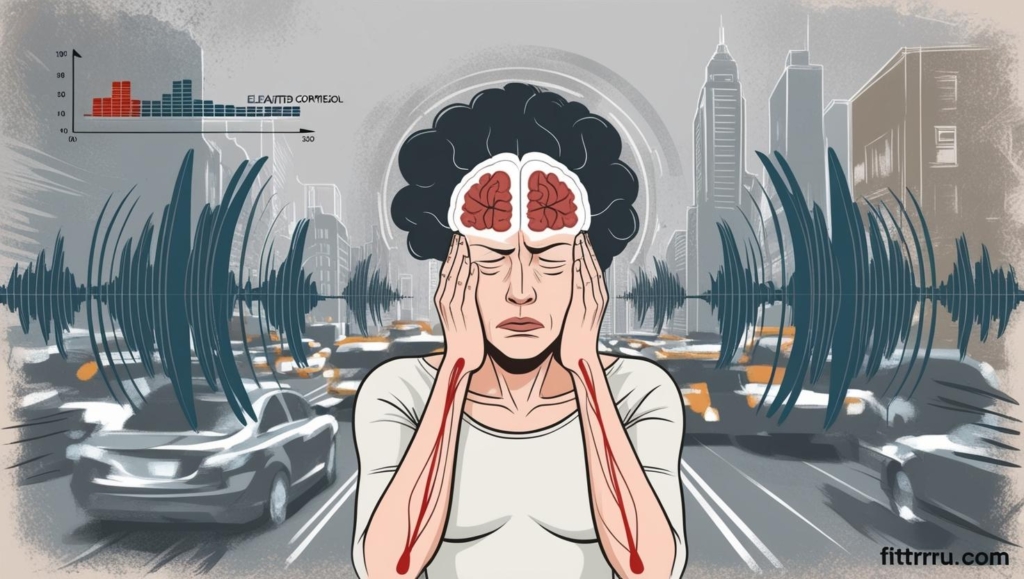 A stressed human figure surrounded by abstract sound waves and city noise