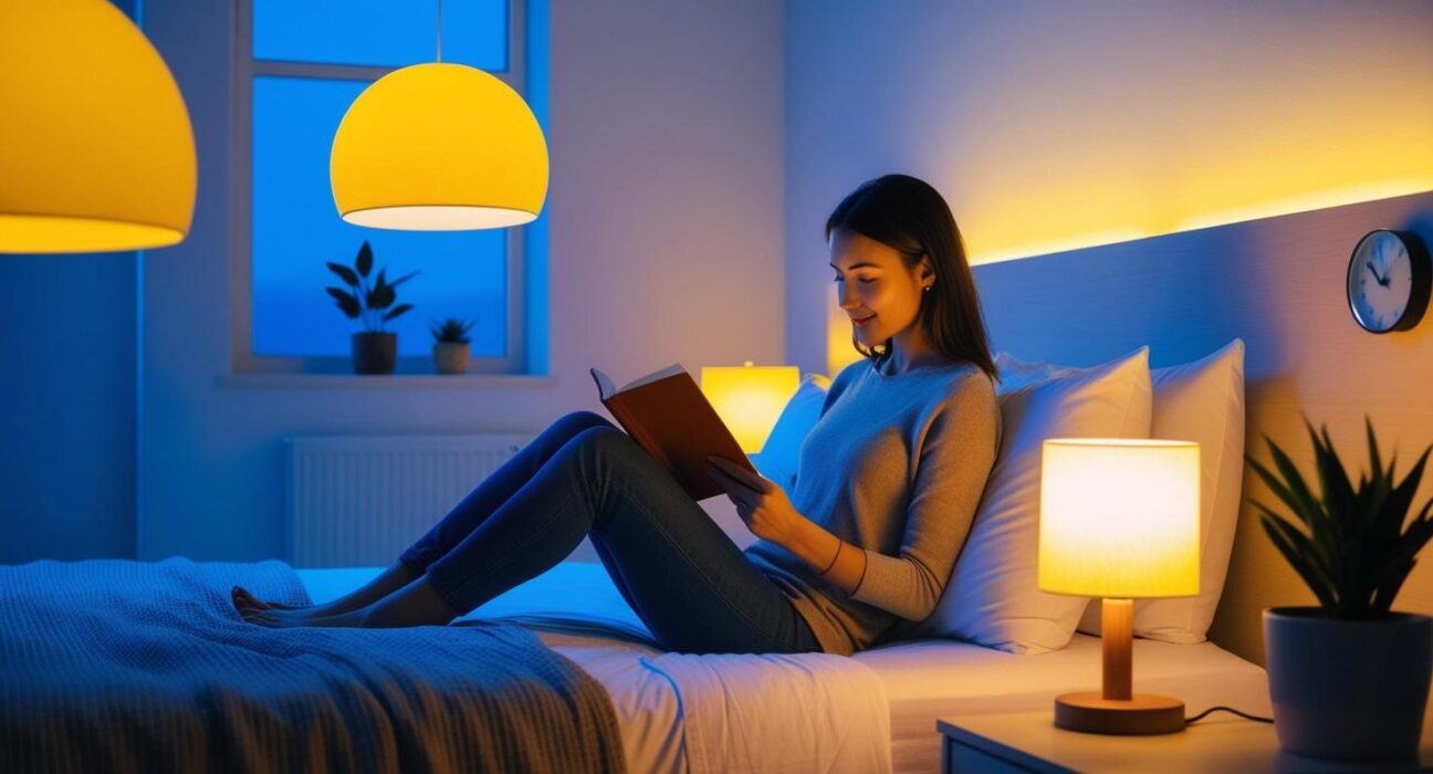A woman sitting on the bed reading a book