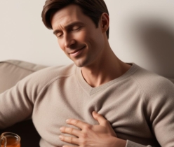 An image of a calm relaxed person holding their stomach representing digestive discomfort or someone enjoying a warm cup of tea ginger or peppermint