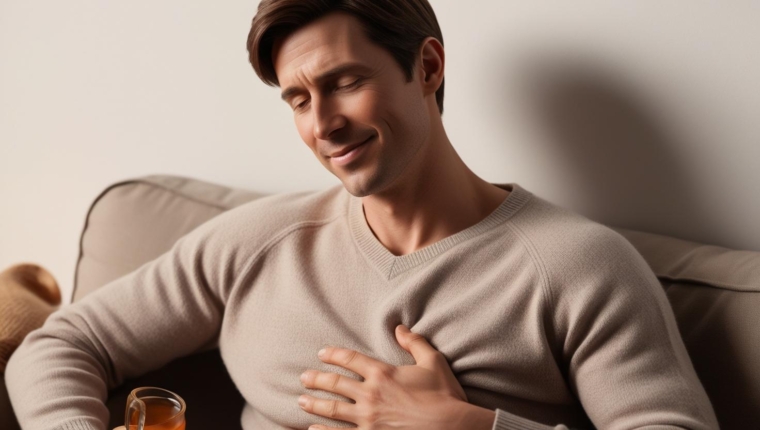 An image of a calm relaxed person holding their stomach representing digestive discomfort or someone enjoying a warm cup of tea ginger or peppermint