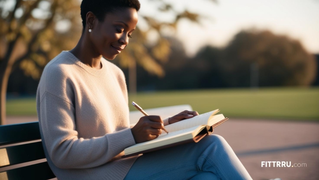 Calm person journaling outdoors with a soft sunset