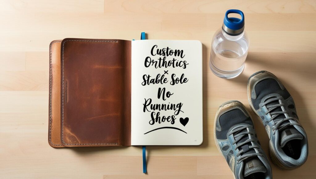 Checklist: custom orthotics, stable sole, no running shoes
