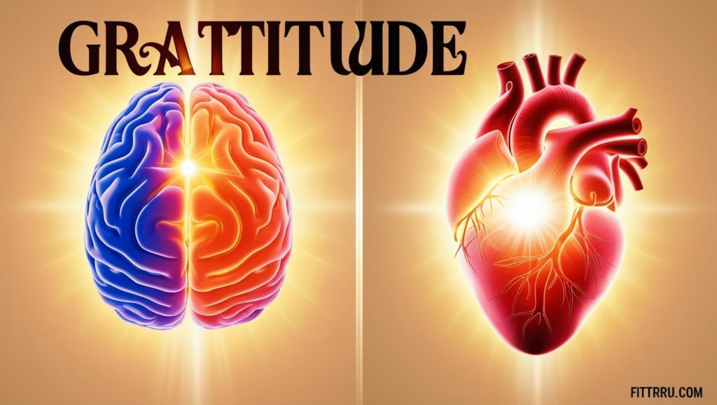 Split image of a brain and heart glowing under the word Gratitude