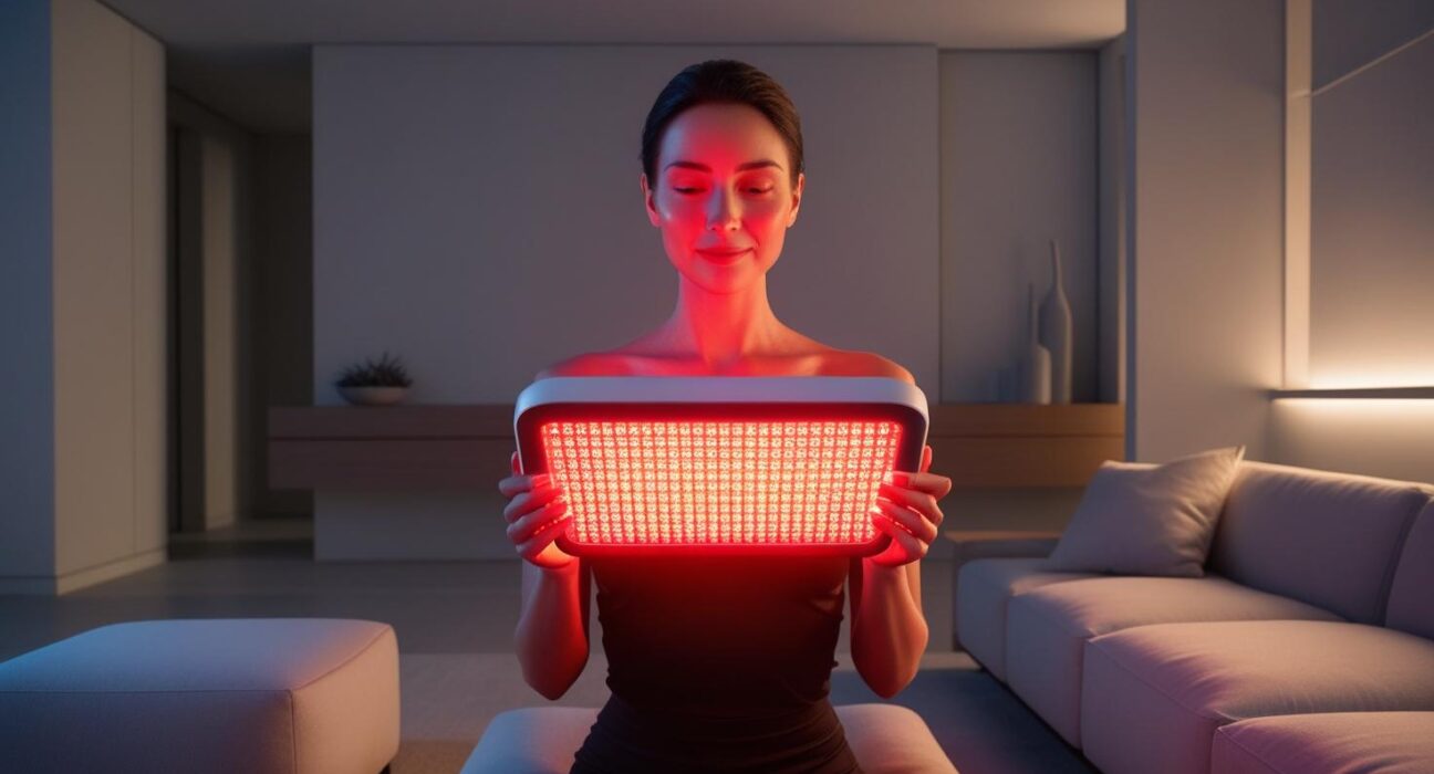Woman in a modern living room using a red light therapy