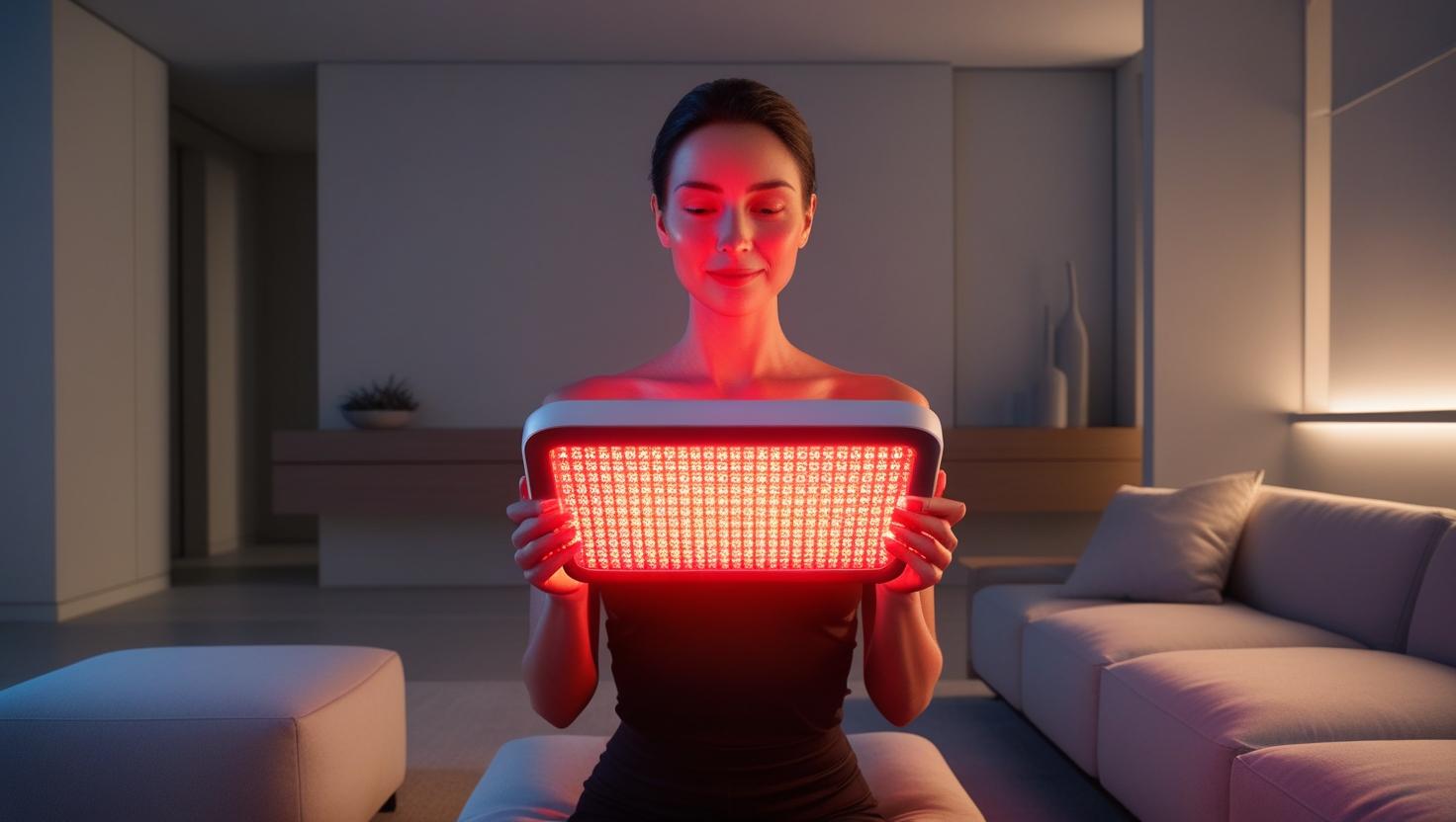 Woman in a modern living room using a red light therapy