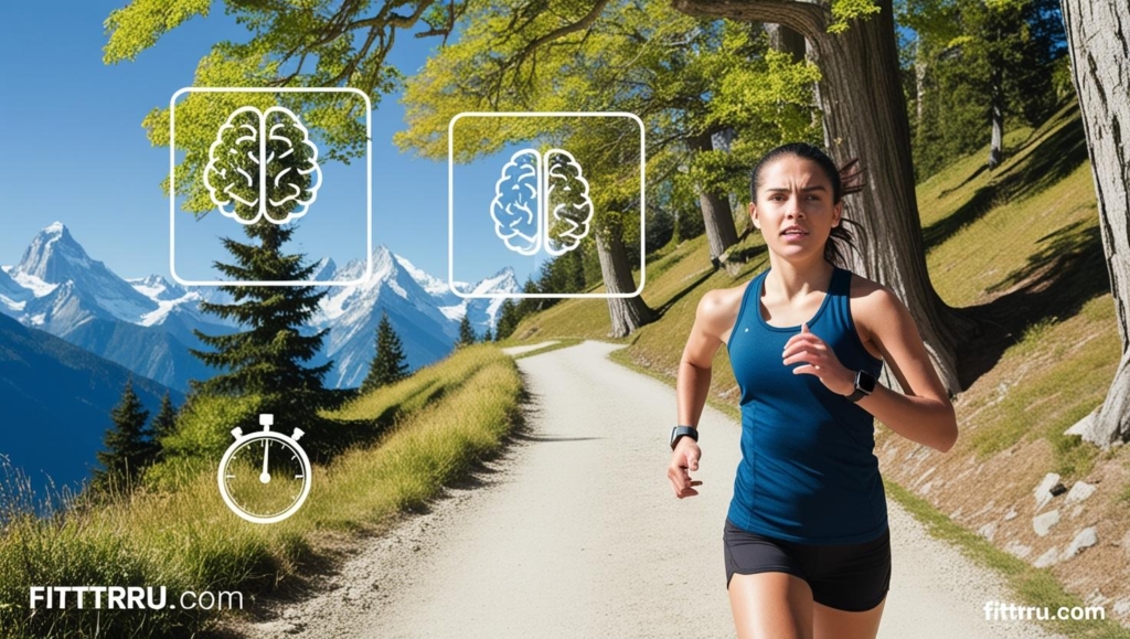 Woman running through a scenic trail with trees and mountains
