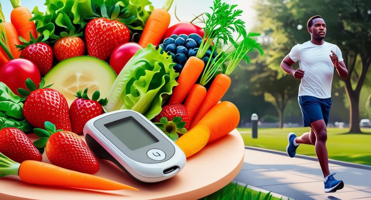 a glucose meter and a person jogging