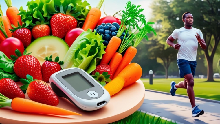 a glucose meter and a person jogging