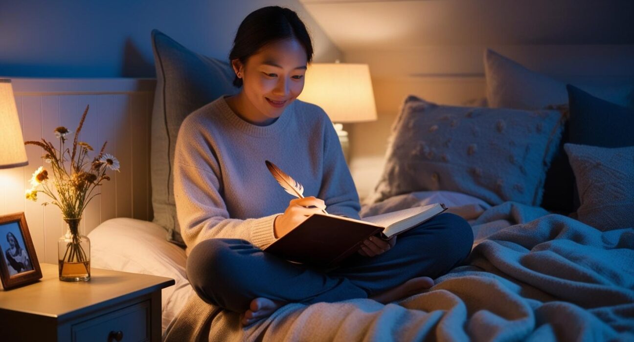 a journal and pen on the nightstand