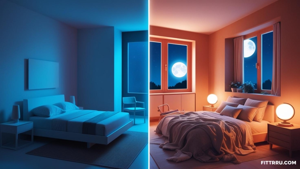 bedroom with harsh blue light at night vs a cozy room