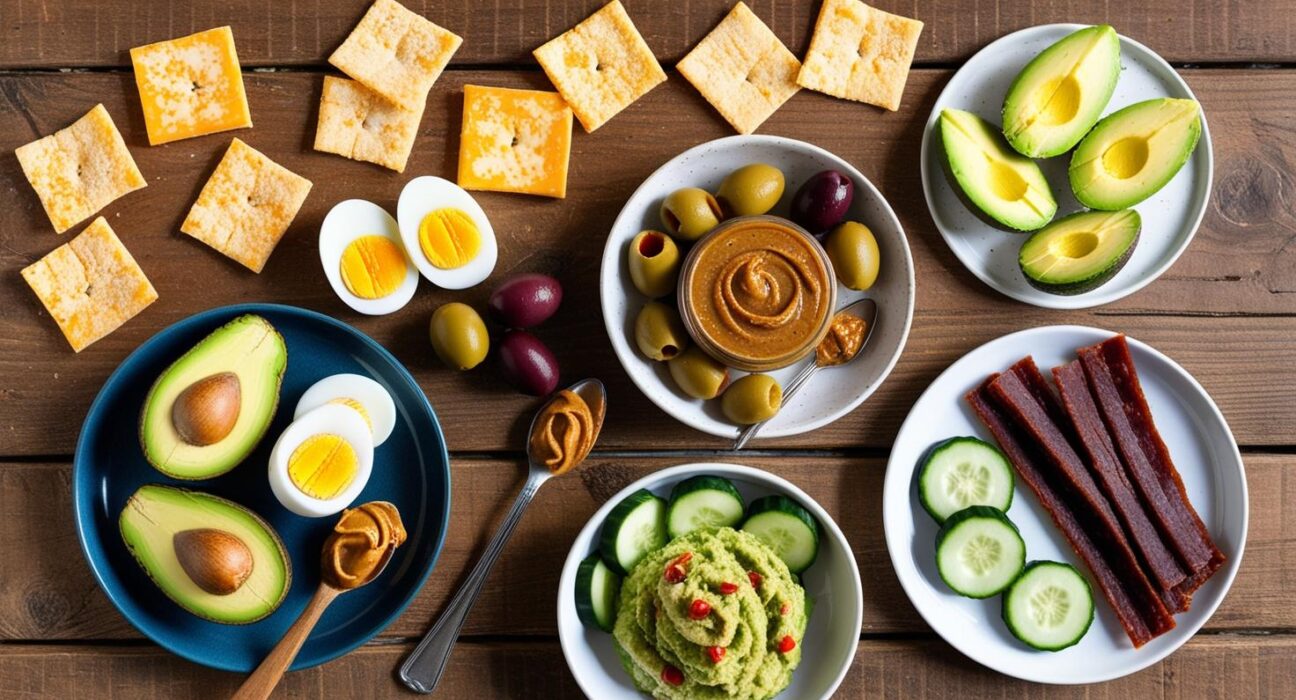 cheese crisps boiled eggs avocado slices