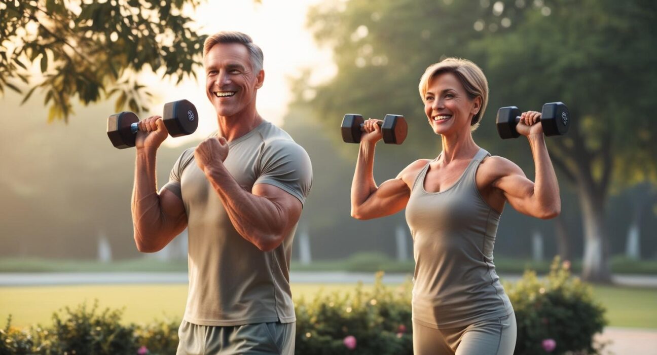fit man and woman in their 50s doing light dumbbell exercises