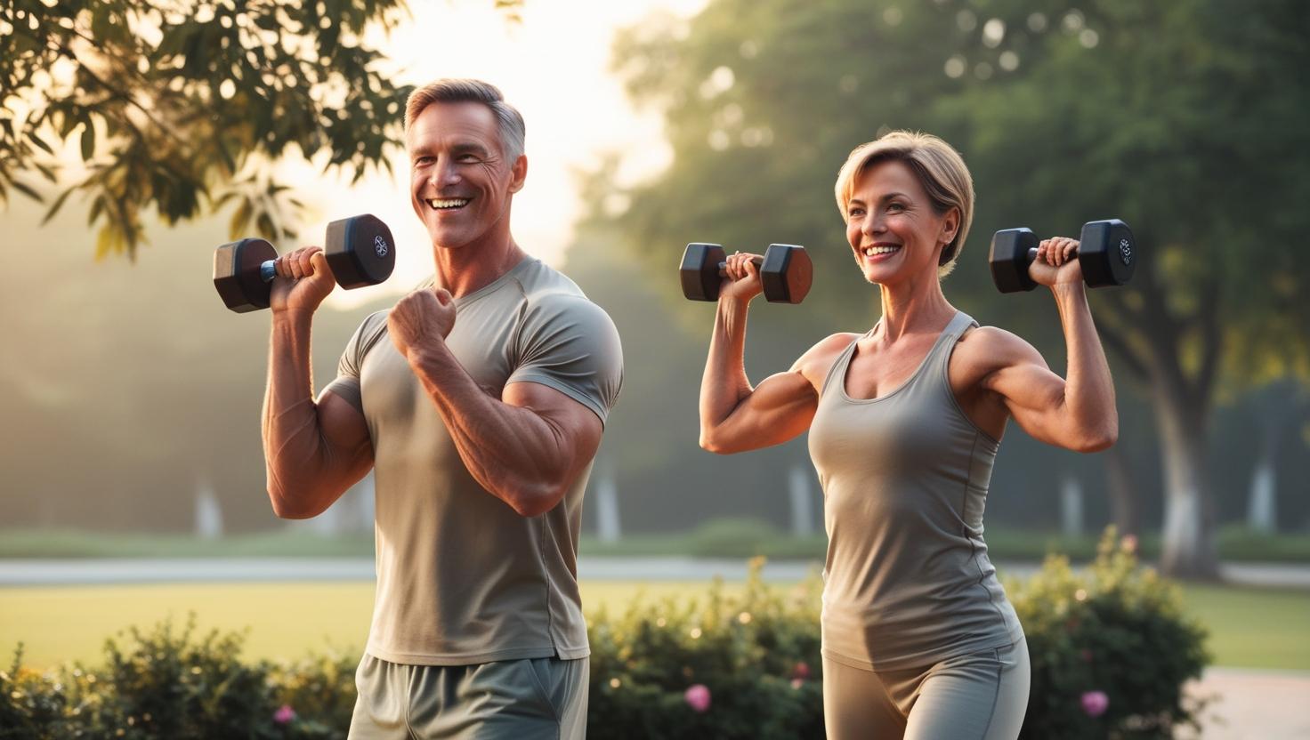 fit man and woman in their 50s doing light dumbbell exercises