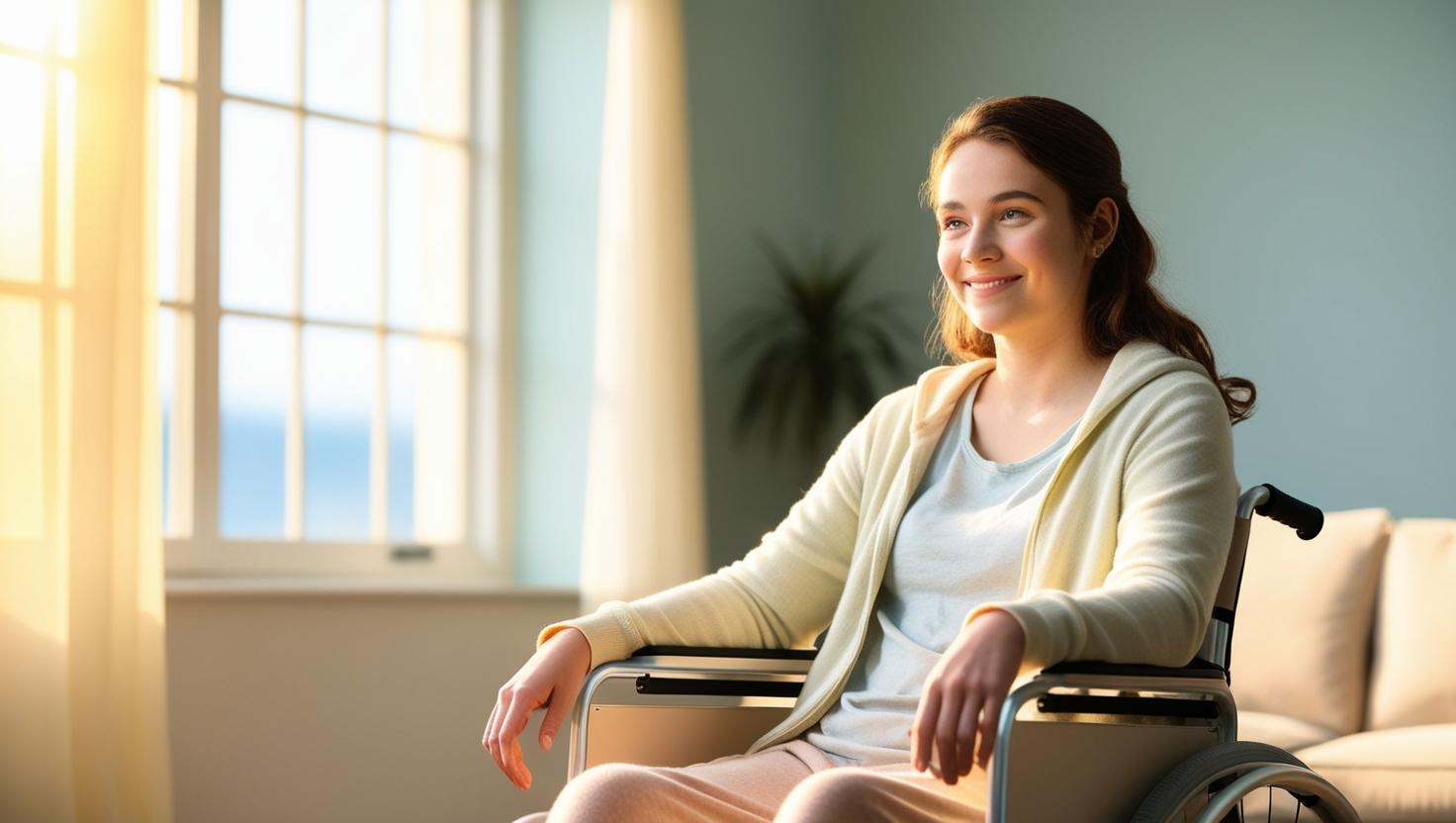 gentle smile sitting in a wheelchair at home
