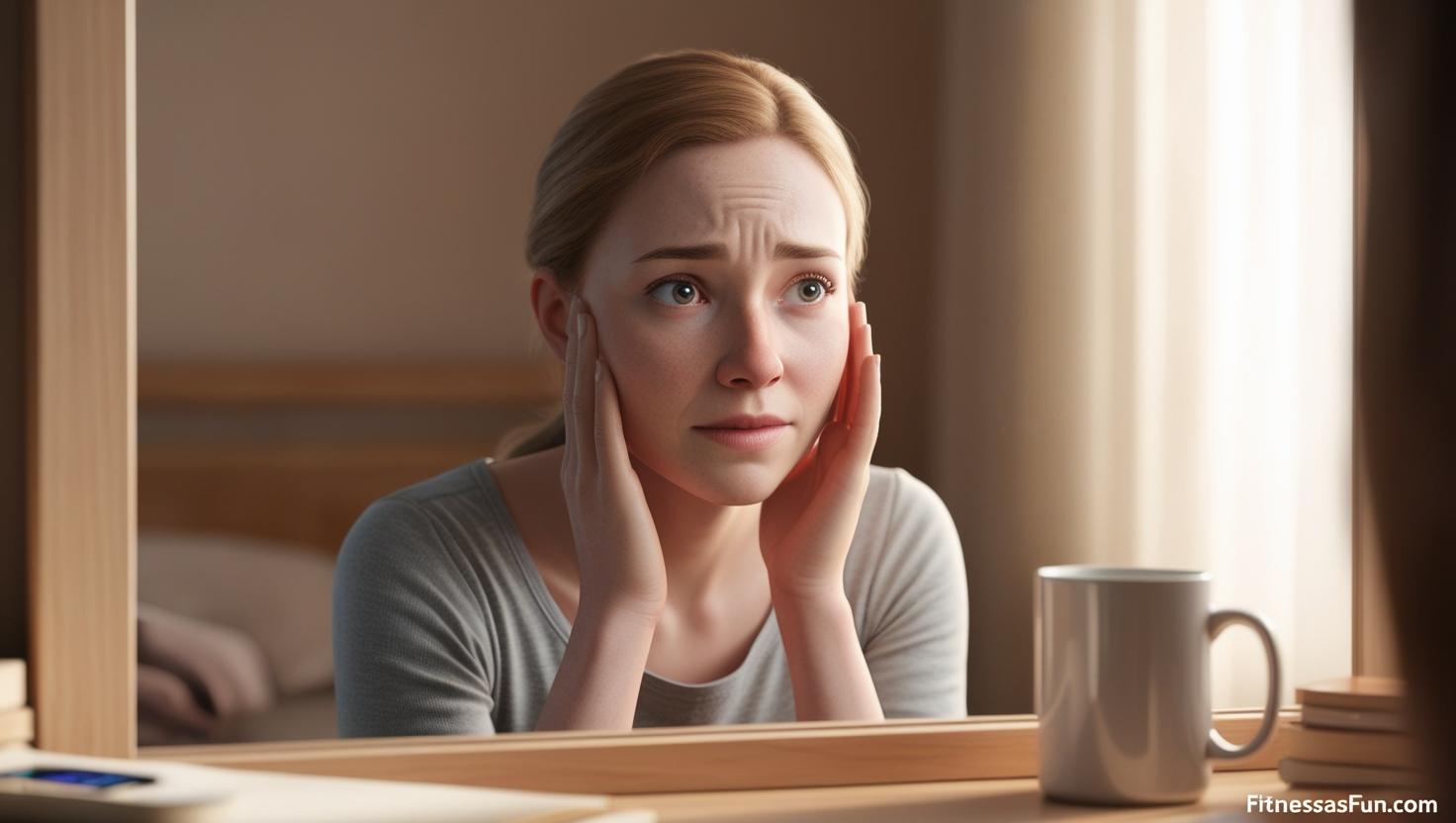 gently touching her face with a concerned expression