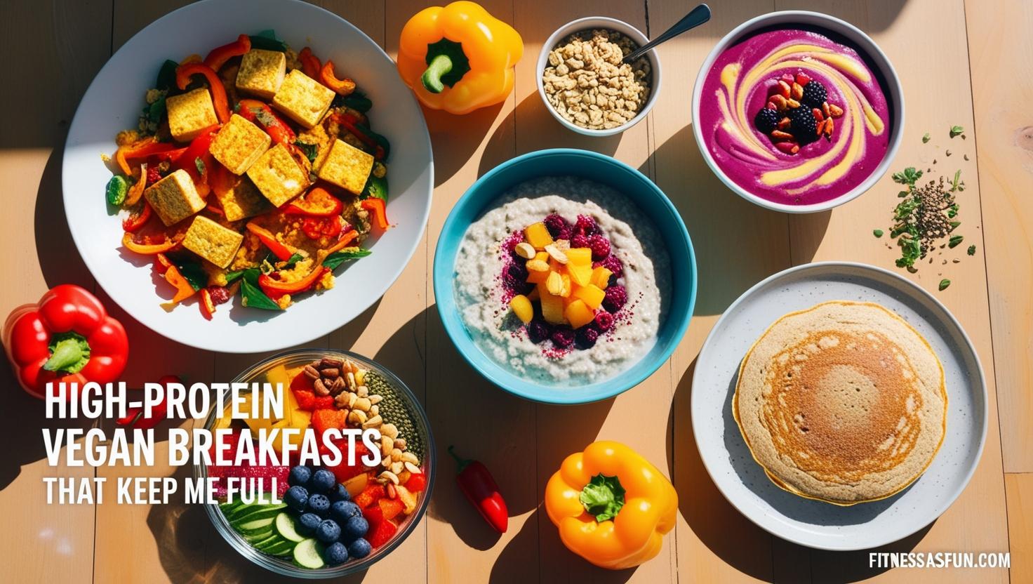 high protein vegan breakfast spread on a rustic wooden table
