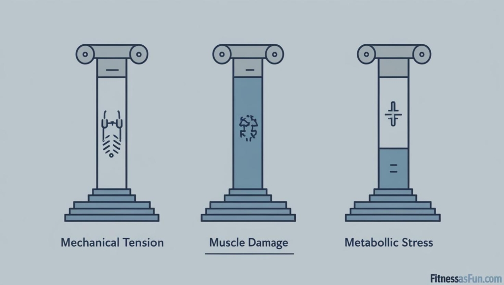 infographic showing three pillars labeled Mechanical Tension Muscle Damage and Metabolic Stress