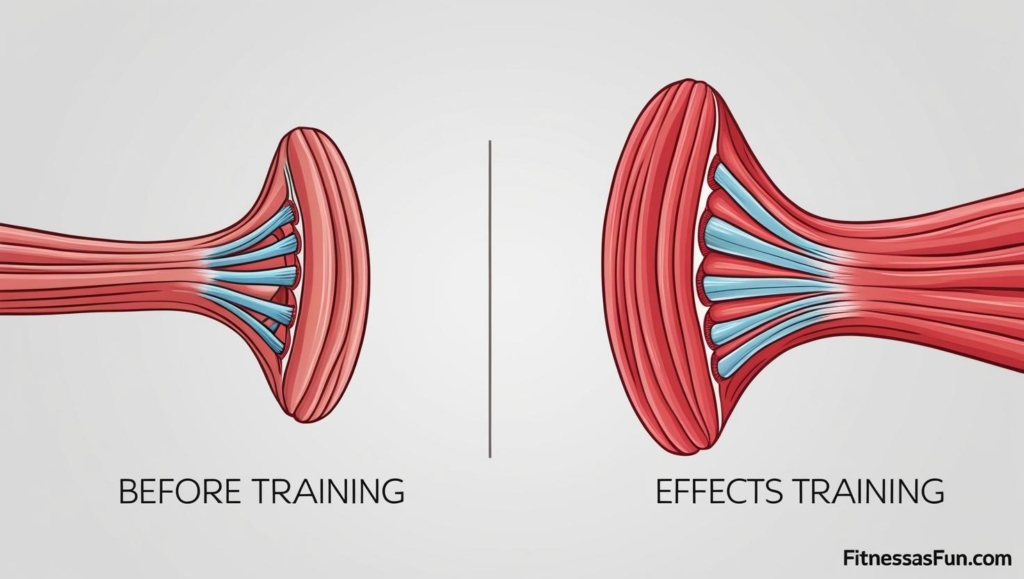 muscle fibers side by side one small (before training) one larger (after training)