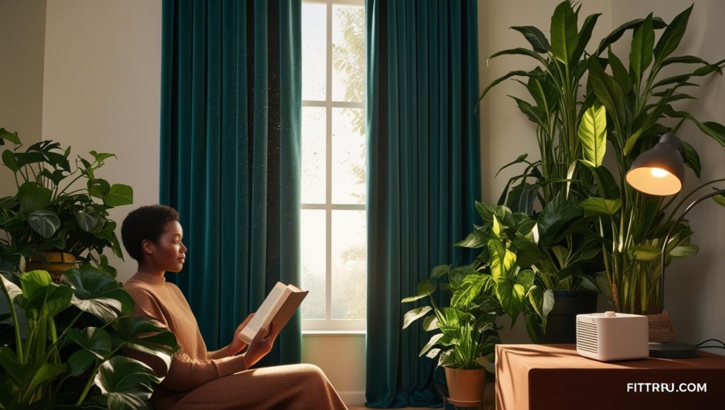person reading a book near a window with noise cancelling curtains