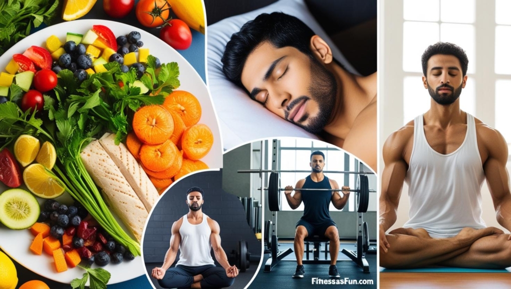 plate of healthy food sleeping person weights in the gym calm person meditating