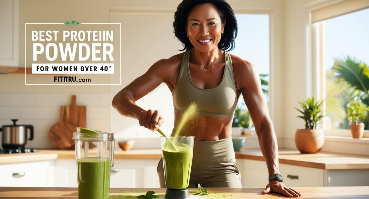 protein shake in a sunlit kitchen wearing casual activewear