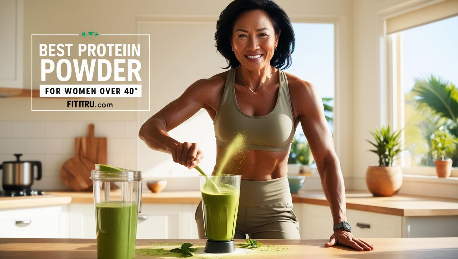 protein shake in a sunlit kitchen wearing casual activewear