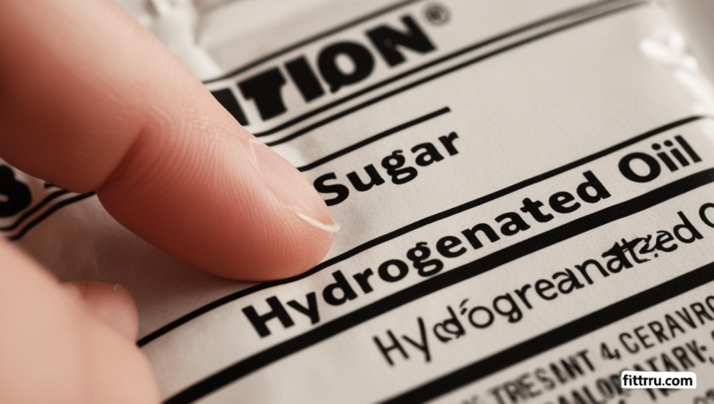 'sugar' and 'hydrogenated oil' words alerting viewer about hidden unhealthy ingredients