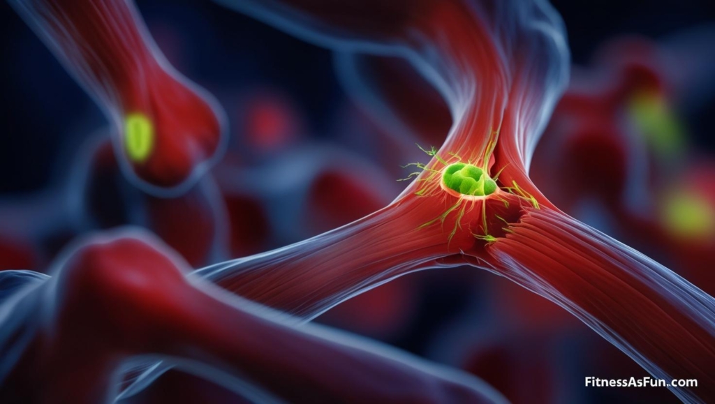 view of muscle fibers repairing after exercise showing small tears healing with glowing new fibers