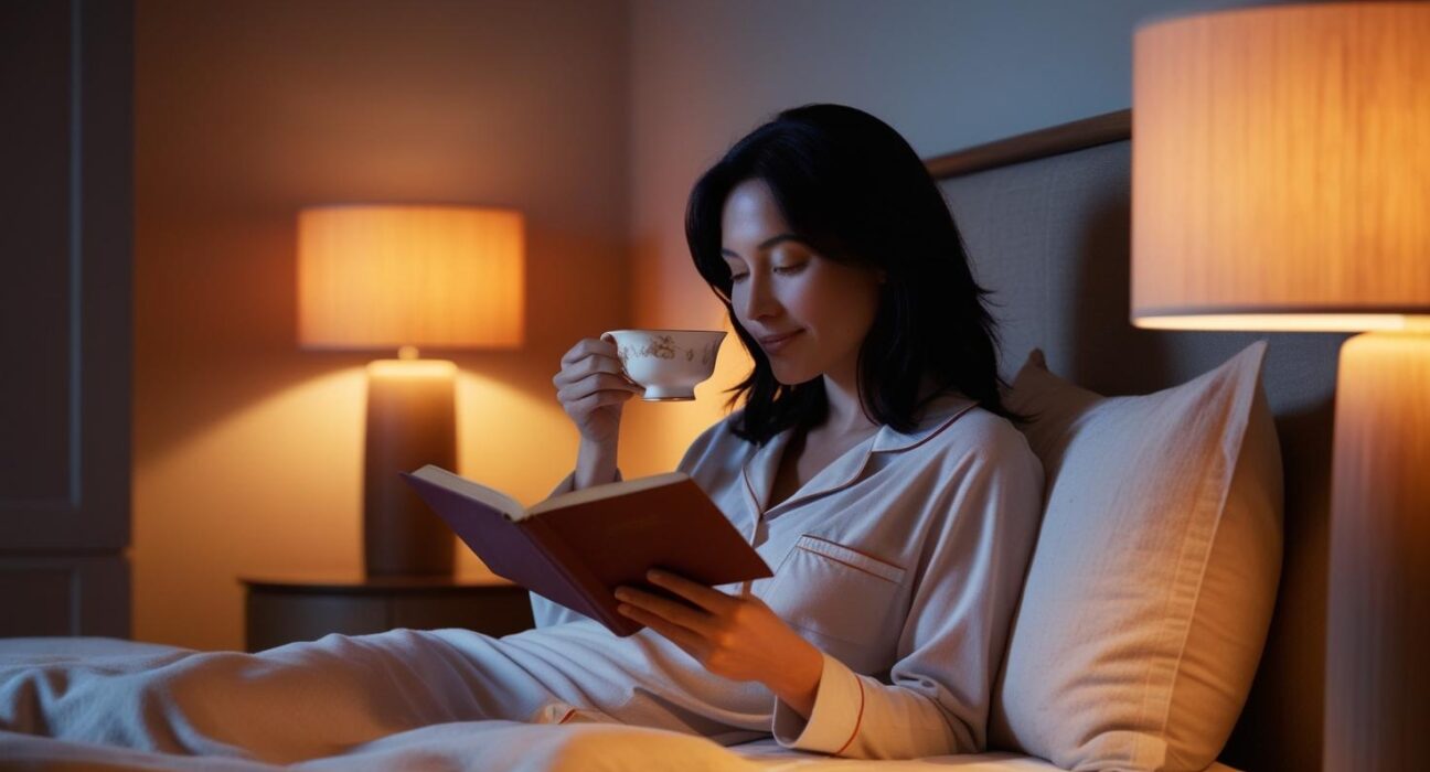 woman peacefully reading in bed with a cup of tea
