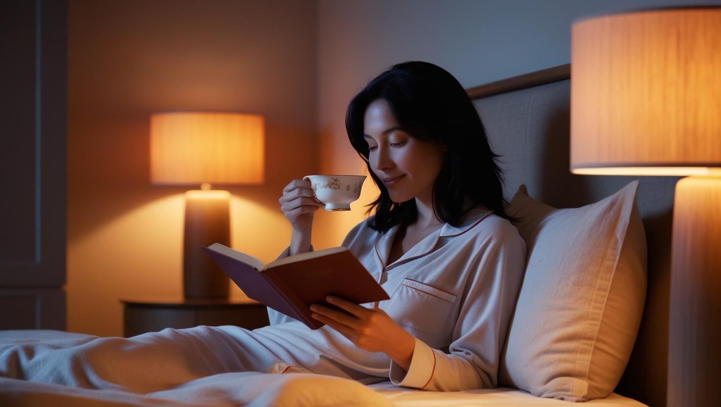 woman peacefully reading in bed with a cup of tea