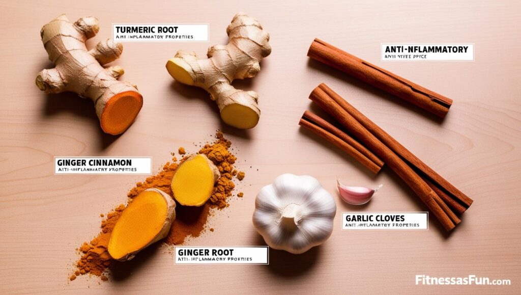 A flat lay of spices (turmeric ginger cinnamon garlic) with labels highlighting anti inflammatory properties