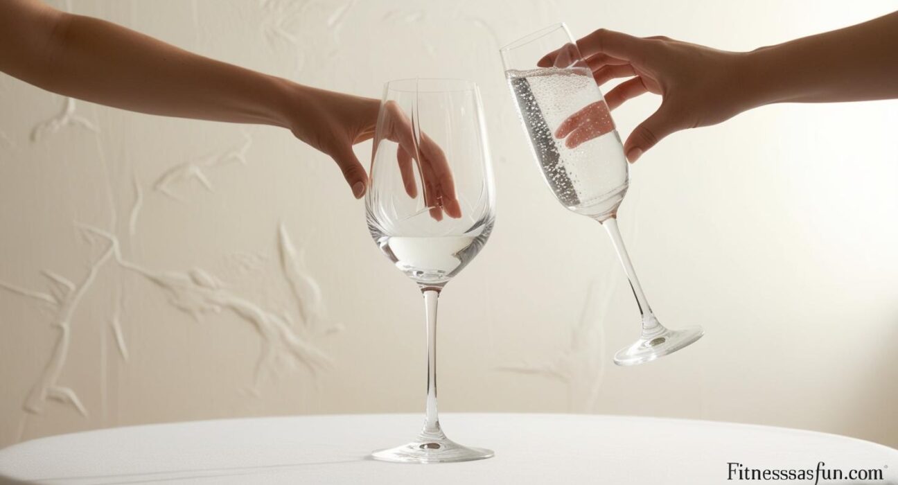 A glass of wine being replaced by a glass of water on a clean table